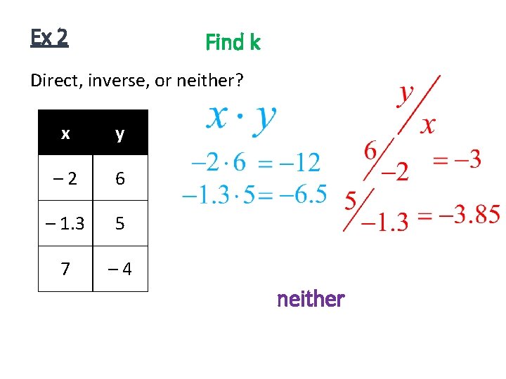 Ex 2 Find k Direct, inverse, or neither? x y – 2 6 –