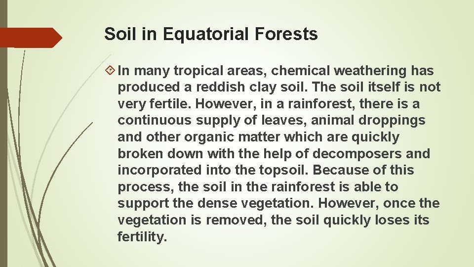 Soil in Equatorial Forests In many tropical areas, chemical weathering has produced a reddish