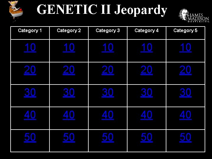 GENETIC II Jeopardy Category 1 Category 2 Category 3 Category 4 Category 5 10