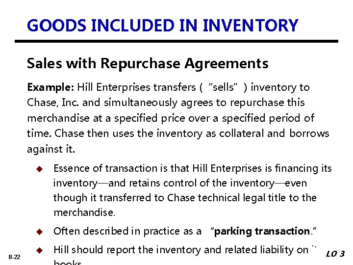 GOODS INCLUDED IN INVENTORY Sales with Repurchase Agreements Example: Hill Enterprises transfers (“sells”) inventory