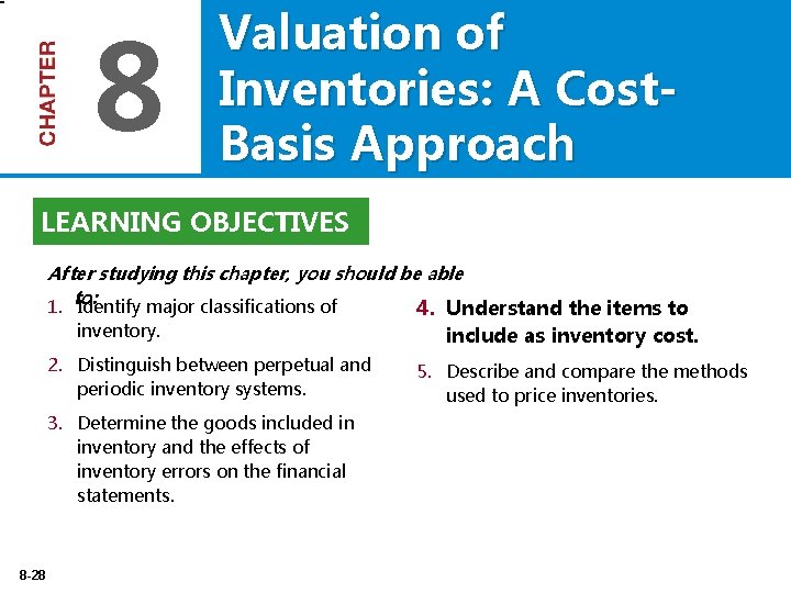 8 Valuation of Inventories: A Cost. Basis Approach LEARNING OBJECTIVES After studying this chapter,