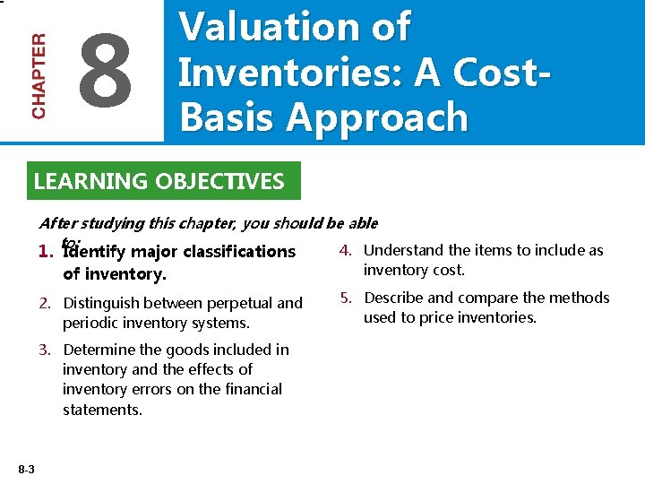 8 Valuation of Inventories: A Cost. Basis Approach LEARNING OBJECTIVES After studying this chapter,