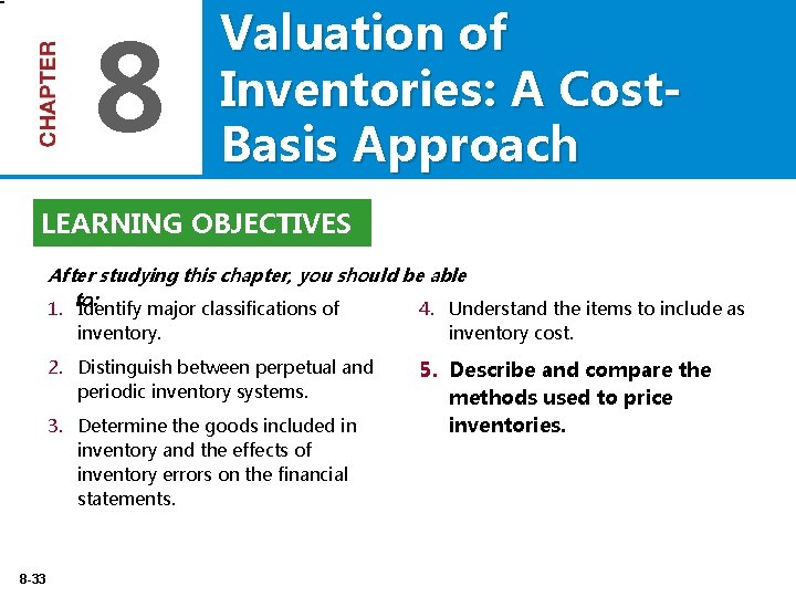 8 Valuation of Inventories: A Cost. Basis Approach LEARNING OBJECTIVES After studying this chapter,