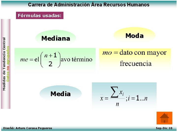 Carrera de Administración Área Recursos Humanos Medidas de Tendencia Central Datos no agrupados Fórmulas