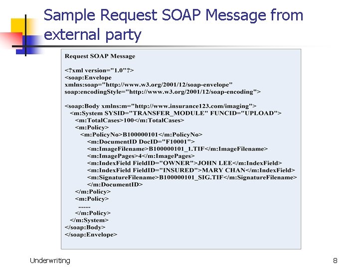 Sample Request SOAP Message from external party Underwriting 8 