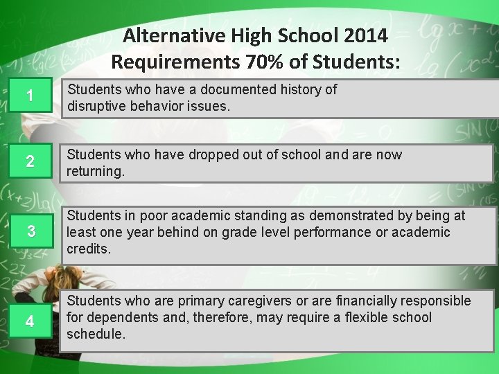 Alternative High School 2014 Requirements 70% of Students: 1 Students who have a documented