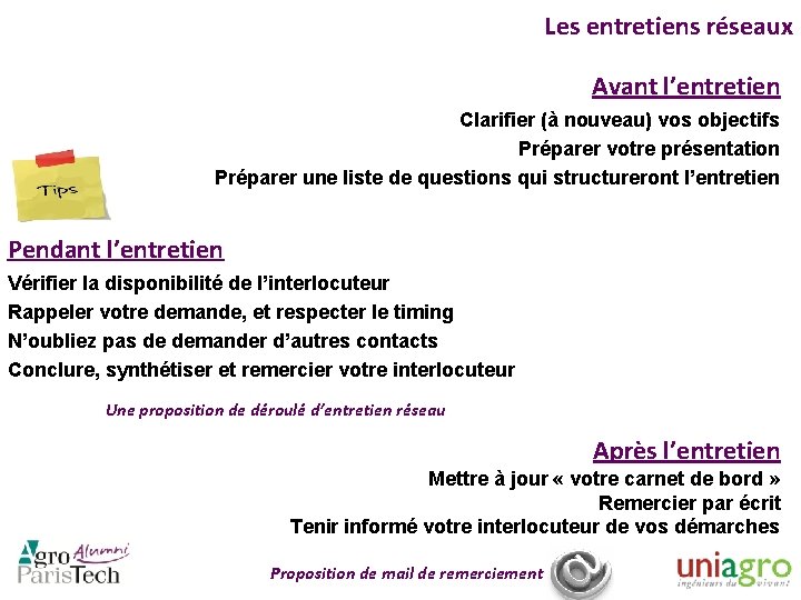 Les entretiens réseaux Avant l’entretien Clarifier (à nouveau) vos objectifs Préparer votre présentation Préparer