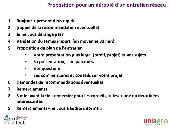 Proposition pour un déroulé d’un entretien réseau 1. 2. 3. 4. 5. 6. 7.