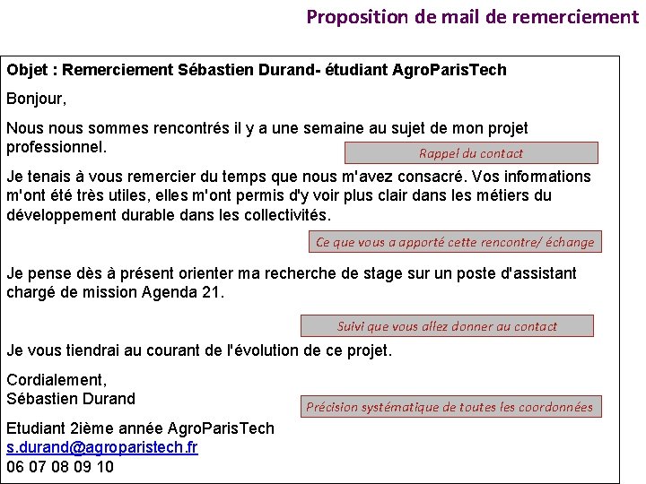 Proposition de mail de remerciement Objet : Remerciement Sébastien Durand- étudiant Agro. Paris. Tech