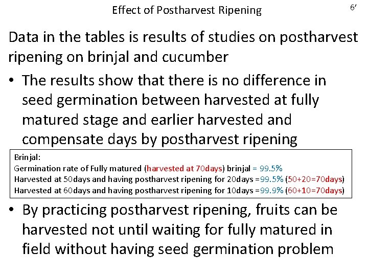 Effect of Postharvest Ripening 6’ Data in the tables is results of studies on