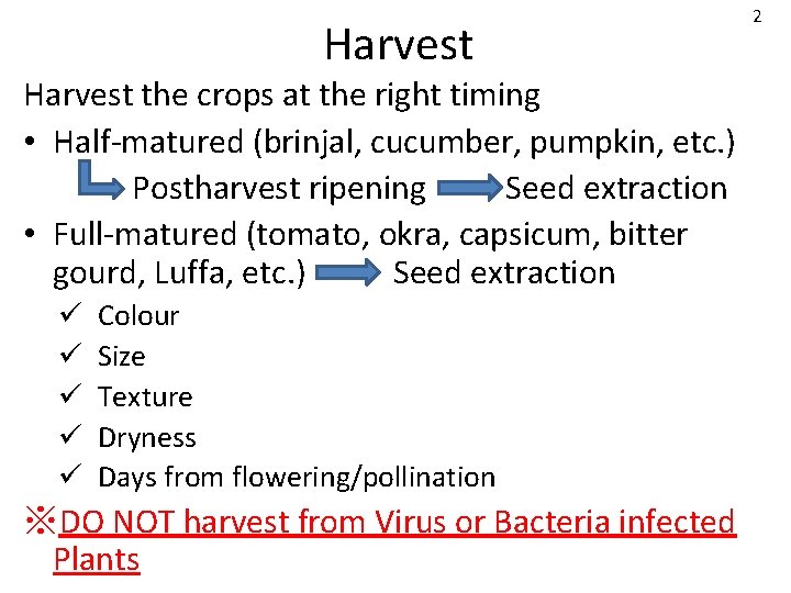 Harvest the crops at the right timing • Half-matured (brinjal, cucumber, pumpkin, etc. )