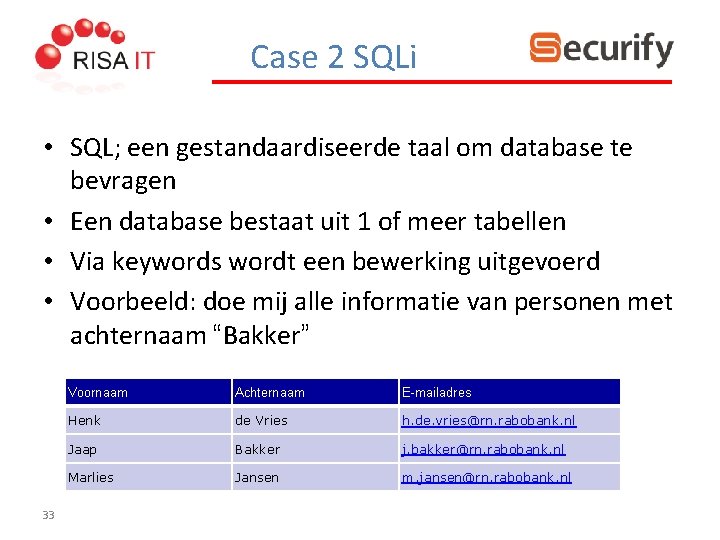 Case 2 SQLi • SQL; een gestandaardiseerde taal om database te bevragen • Een