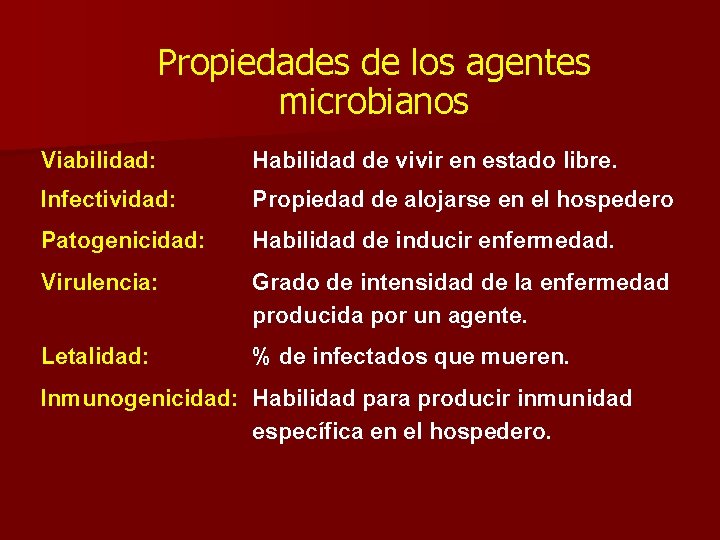 Propiedades de los agentes microbianos Viabilidad: Habilidad de vivir en estado libre. Infectividad: Propiedad