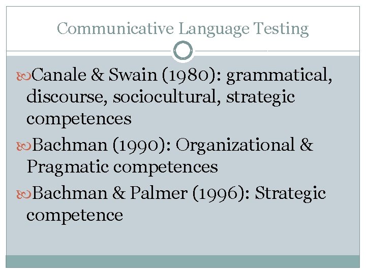 Communicative Language Testing Canale & Swain (1980): grammatical, discourse, sociocultural, strategic competences Bachman (1990):