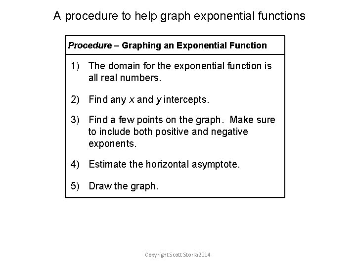 A procedure to help graph exponential functions Procedure – Graphing an Exponential Function 1)