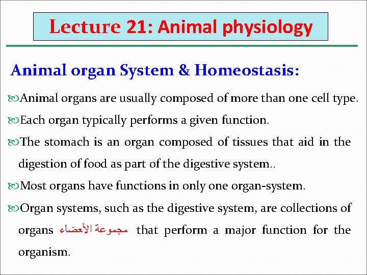 Lecture 21: Animal physiology Animal organ System & Homeostasis: Animal organs are usually composed