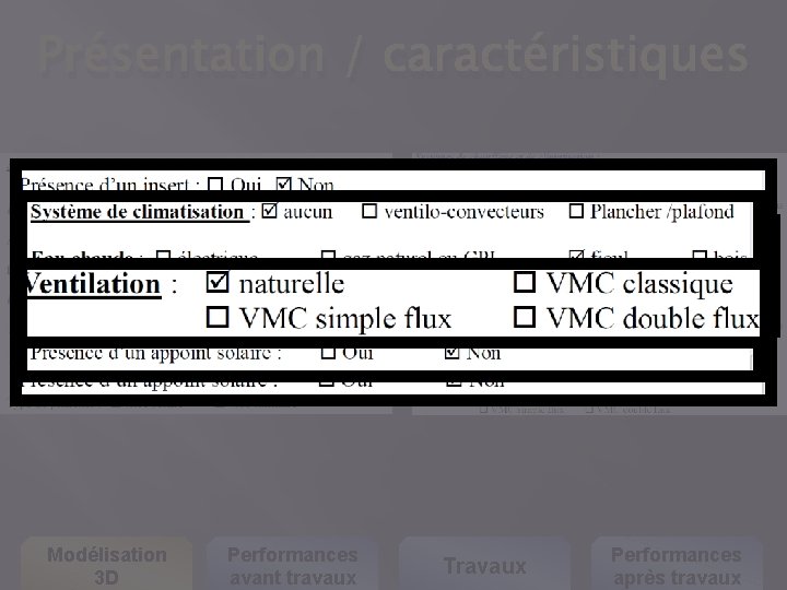 Présentation / caractéristiques Modélisation 3 D Performances avant travaux Travaux Performances après travaux 