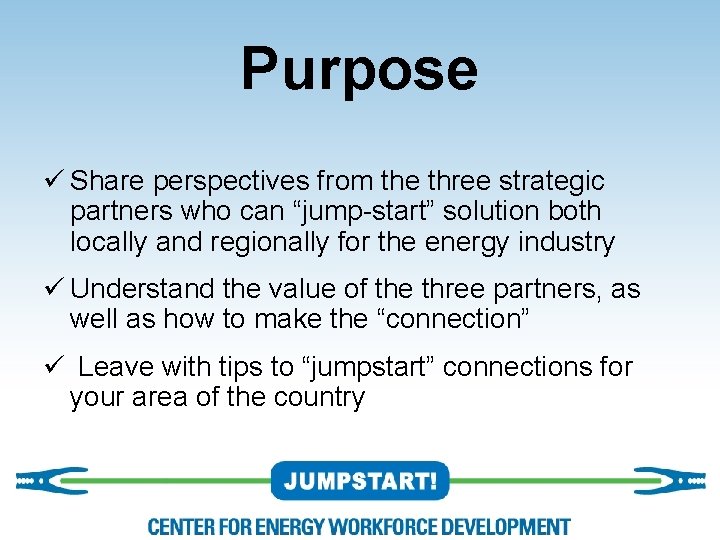 Purpose ü Share perspectives from the three strategic partners who can “jump-start” solution both