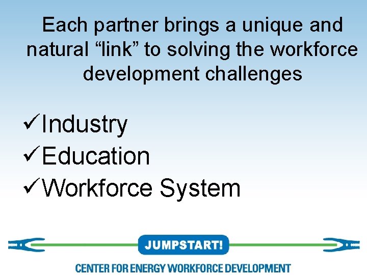 Each partner brings a unique and natural “link” to solving the workforce development challenges