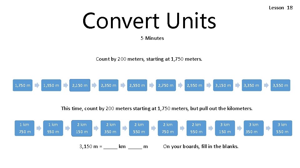 Lesson 18 Convert Units 5 Minutes Count by 200 meters, starting at 1, 750 Lesson 18 Convert Units 5 Minutes Count by 200 meters, starting at 1, 750