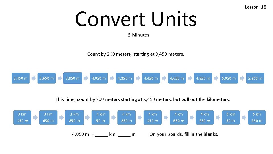 Lesson 18 Convert Units 5 Minutes Count by 200 meters, starting at 3, 450 Lesson 18 Convert Units 5 Minutes Count by 200 meters, starting at 3, 450