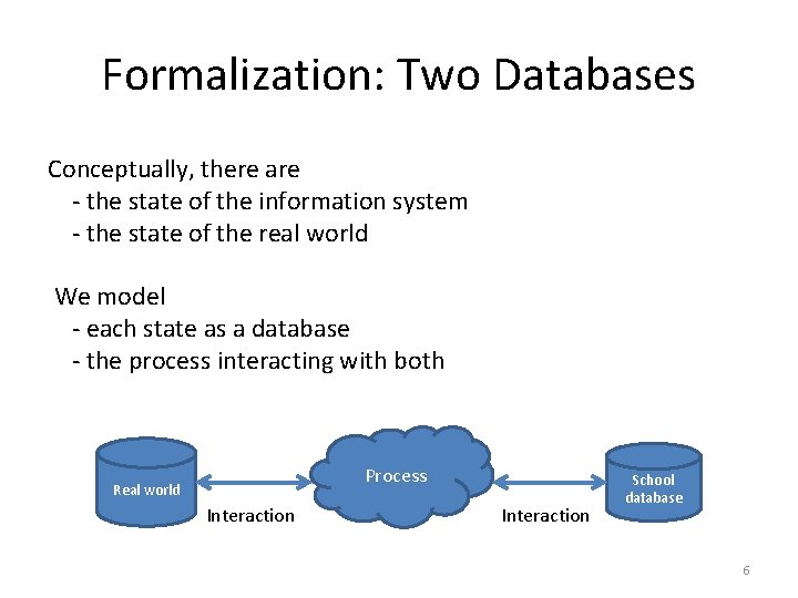 Formalization: Two Databases Conceptually, there are - the state of the information system -