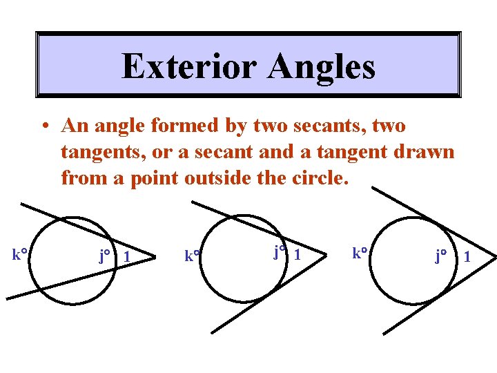 Exterior Angles • An angle formed by two secants, two tangents, or a secant