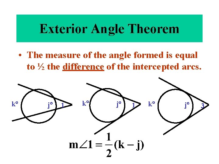 Exterior Angle Theorem • The measure of the angle formed is equal to ½