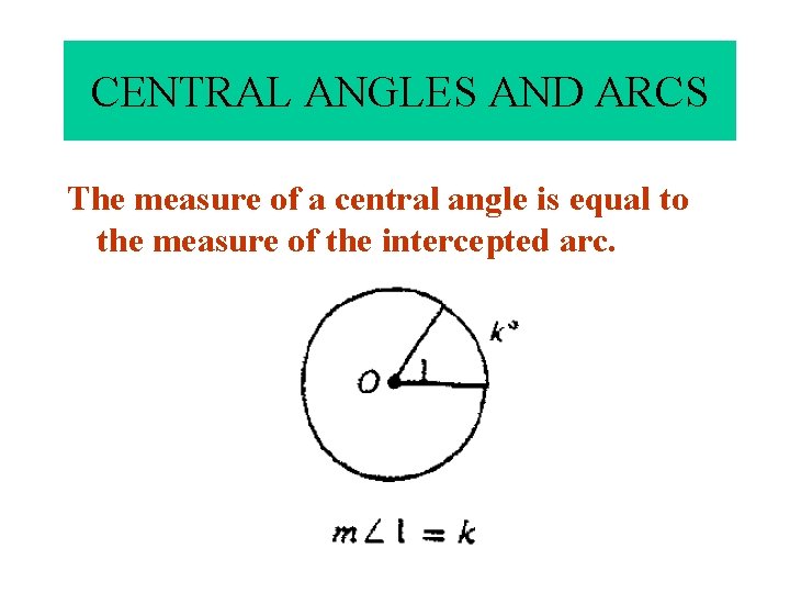 CENTRAL ANGLES AND ARCS The measure of a central angle is equal to the