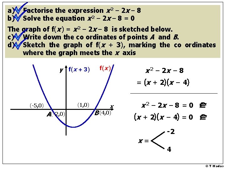 a) b) Factorise the expression x 2 – 2 x – 8 Solve the