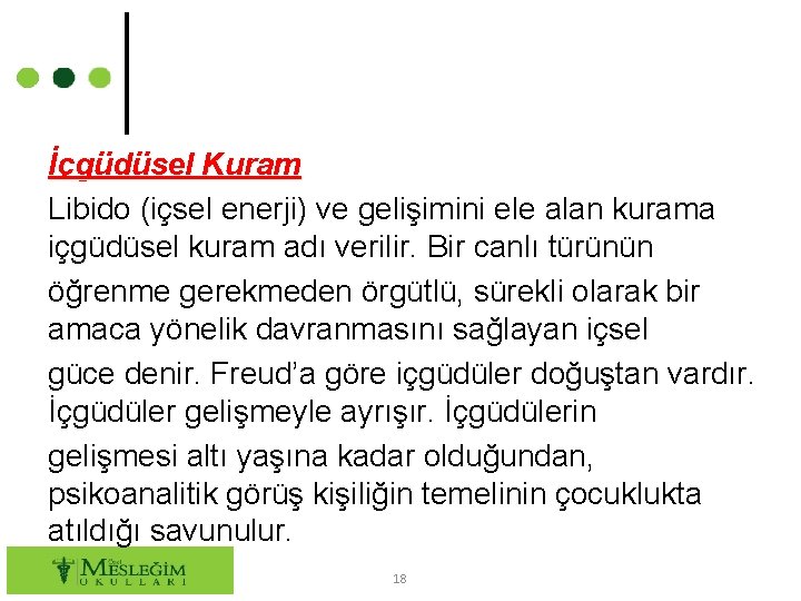 İçgüdüsel Kuram Libido (içsel enerji) ve gelişimini ele alan kurama içgüdüsel kuram adı verilir.