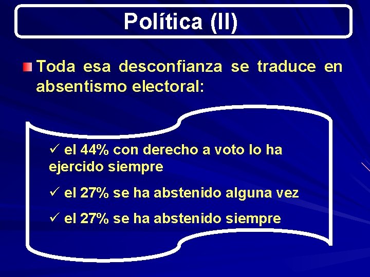 Política (II) Toda esa desconfianza se traduce en absentismo electoral: ü el 44% con