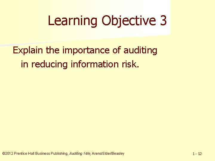 Learning Objective 3 Explain the importance of auditing in reducing information risk. © 2012