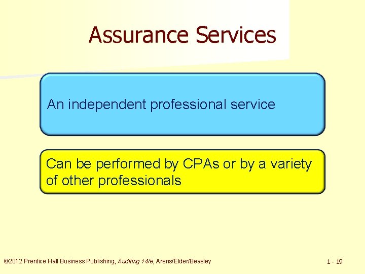 Assurance Services An independent professional service Can be performed by CPAs or by a