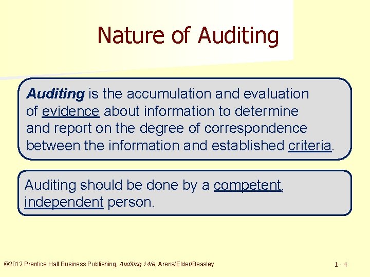 Nature of Auditing is the accumulation and evaluation of evidence about information to determine