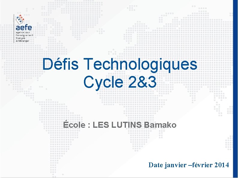 Défis Technologiques Cycle 2&3 École : LES LUTINS Bamako Date janvier –février 2014 