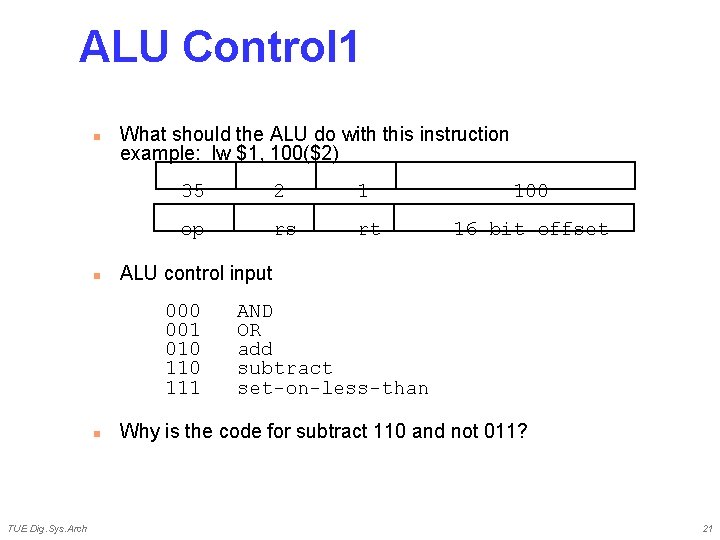 ALU Control 1 n n What should the ALU do with this instruction example: