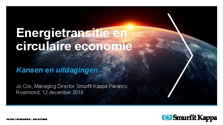 Energietransitie en circulaire economie Kansen en uitdagingen Jo Cox, Managing Director Smurfit Kappa Parenco