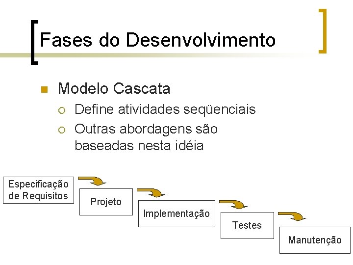 Fases do Desenvolvimento n Modelo Cascata ¡ ¡ Especificação de Requisitos Define atividades seqüenciais