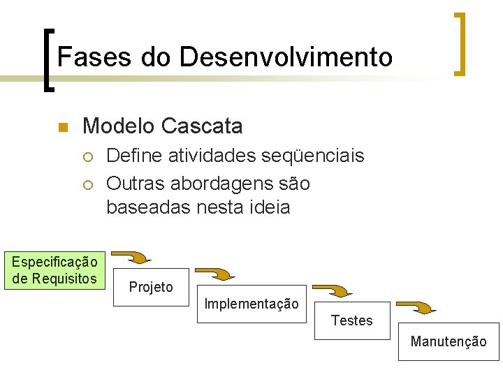 Fases do Desenvolvimento n Modelo Cascata ¡ ¡ Especificação de Requisitos Define atividades seqüenciais