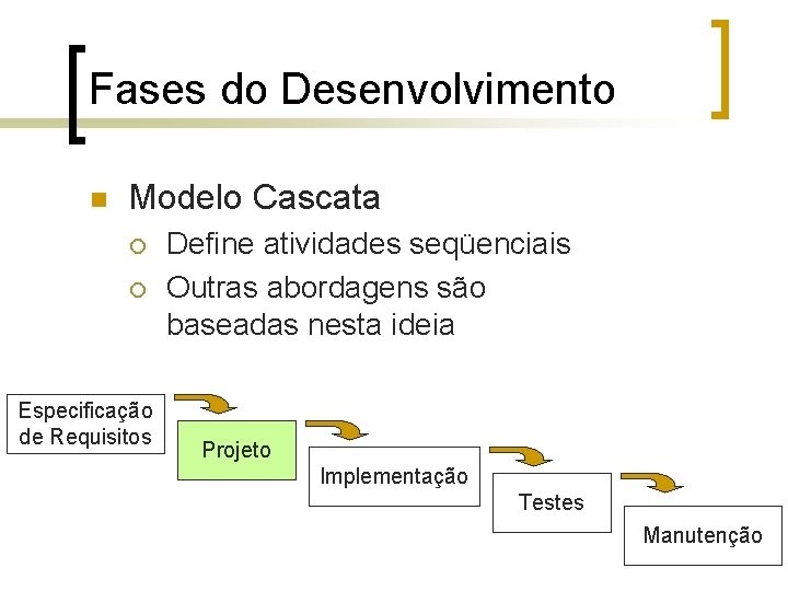 Fases do Desenvolvimento n Modelo Cascata ¡ ¡ Especificação de Requisitos Define atividades seqüenciais