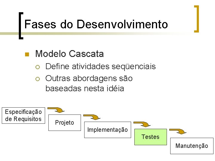 Fases do Desenvolvimento n Modelo Cascata ¡ ¡ Especificação de Requisitos Define atividades seqüenciais