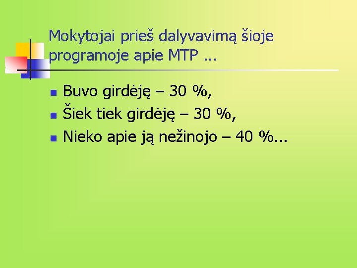 Mokytojai prieš dalyvavimą šioje programoje apie MTP. . . n n n Buvo girdėję