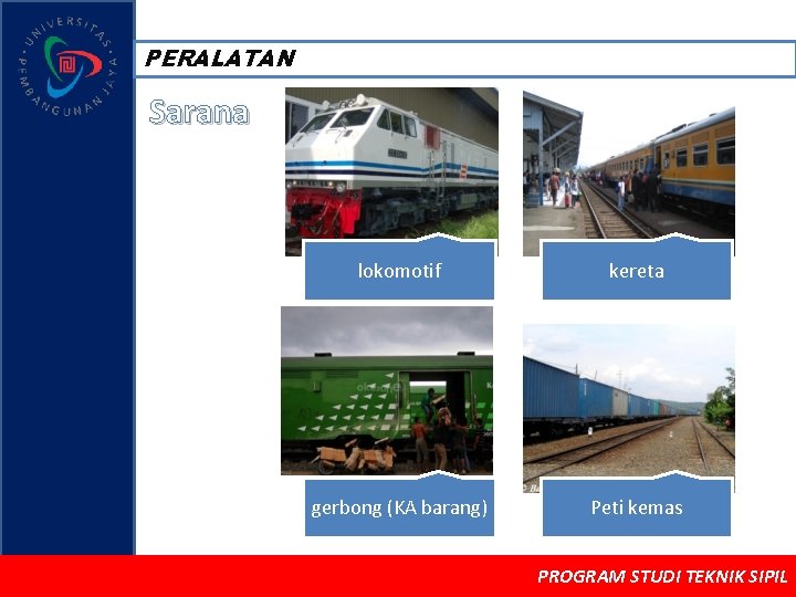 PERALATAN Sarana lokomotif kereta gerbong (KA barang) Peti kemas PROGRAM STUDI TEKNIK SIPIL 