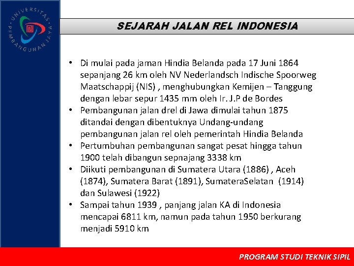 SEJARAH JALAN REL INDONESIA • Di mulai pada jaman Hindia Belanda pada 17 Juni