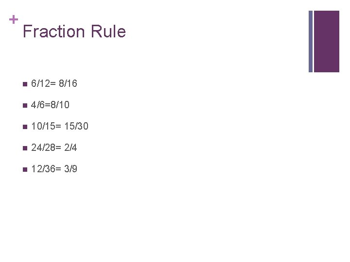 + Fraction Rule n 6/12= 8/16 n 4/6=8/10 n 10/15= 15/30 n 24/28= 2/4