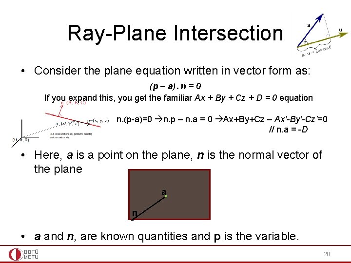 Ray-Plane Intersection • Consider the plane equation written in vector form as: . (p