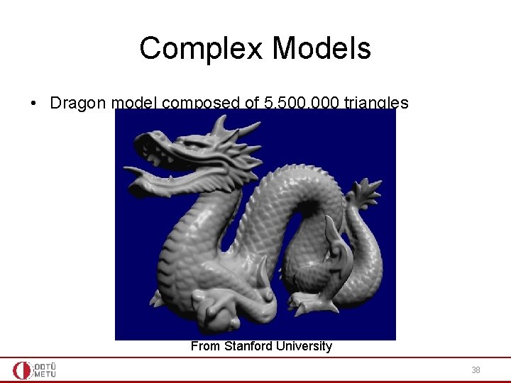 Complex Models • Dragon model composed of 5, 500, 000 triangles From Stanford University