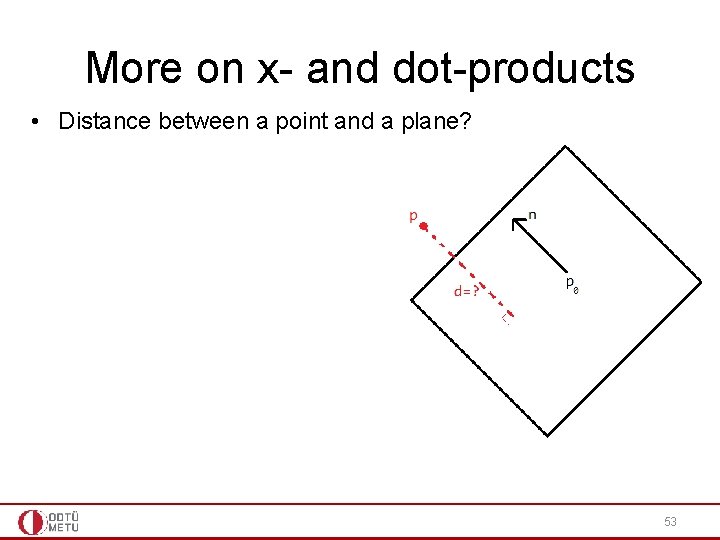 More on x- and dot-products • Distance between a point and a plane? 53