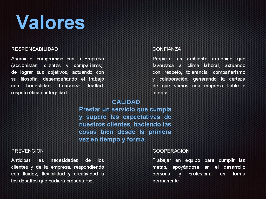 Valores RESPONSABILIDAD CONFIANZA Asumir el compromiso con la Empresa (accionistas, clientes y compañeros), de Valores RESPONSABILIDAD CONFIANZA Asumir el compromiso con la Empresa (accionistas, clientes y compañeros), de